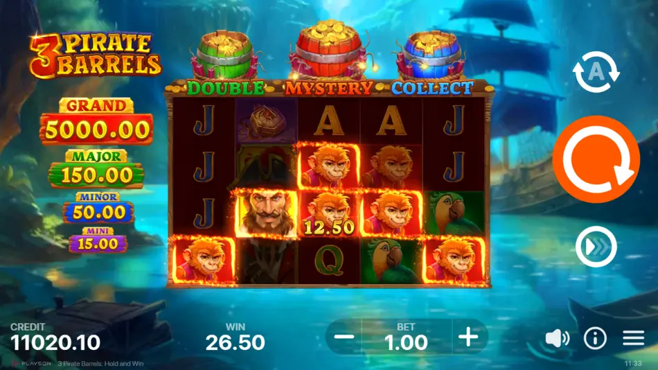 3 Pirate Barrels bonus game with locked pirate coins showing bet values and three respins remaining