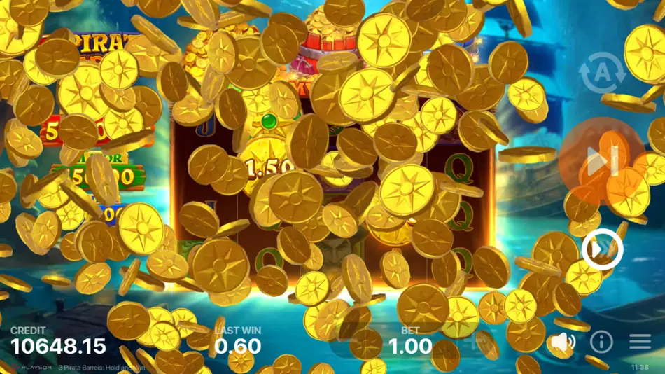 Extra Coin changing into a red pirate coin next to the active Mystery barrel