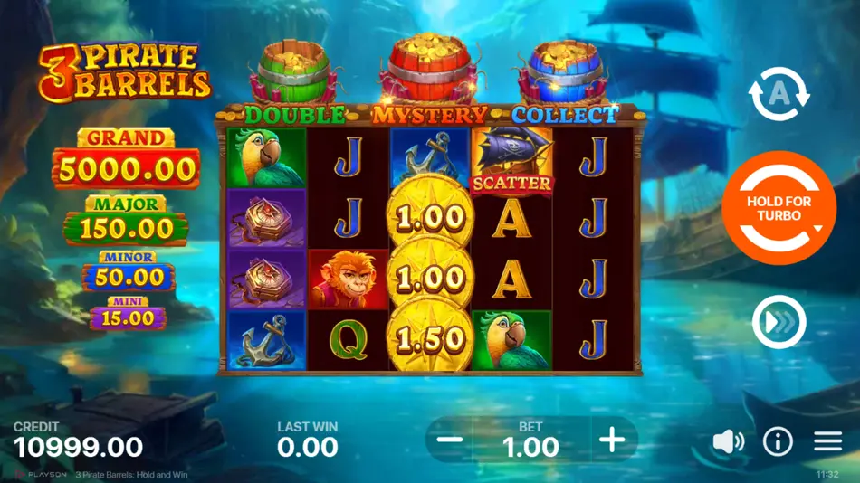 Full 5x4 grid in the base game with high-paying pirate symbols and three empty barrels above the reels