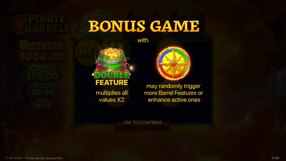 Green pirate coin triggering the Double Feature as coin values across the grid are rewritten to doubled amounts