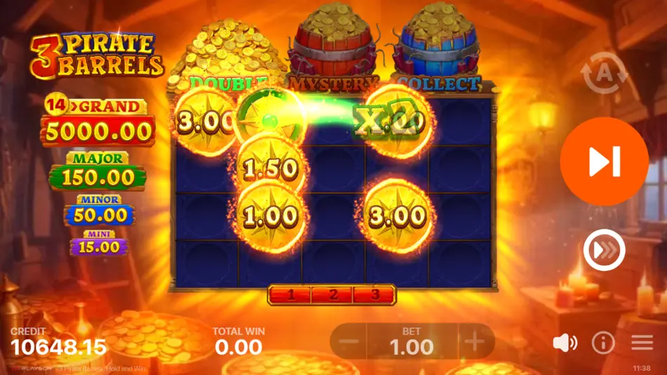 Red Mystery coin revealing an x150 bet multiplier while other cells hold standard coin values