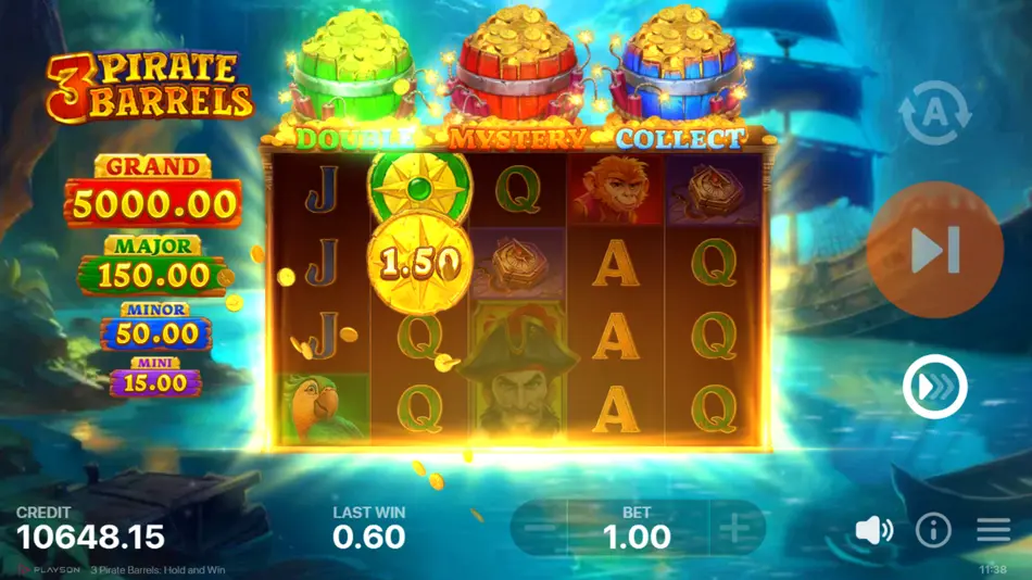 Green Double barrel collecting a pirate coin above the 5x4 grid with partially filled barrel meters